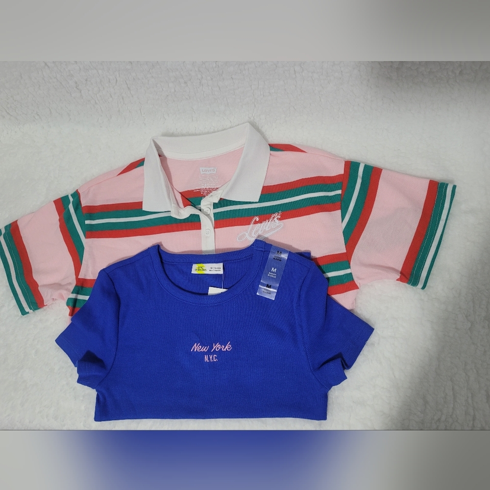 Bundle- Levi's Pink Striped Polo And NEW YORK logo Blue Tee Size M